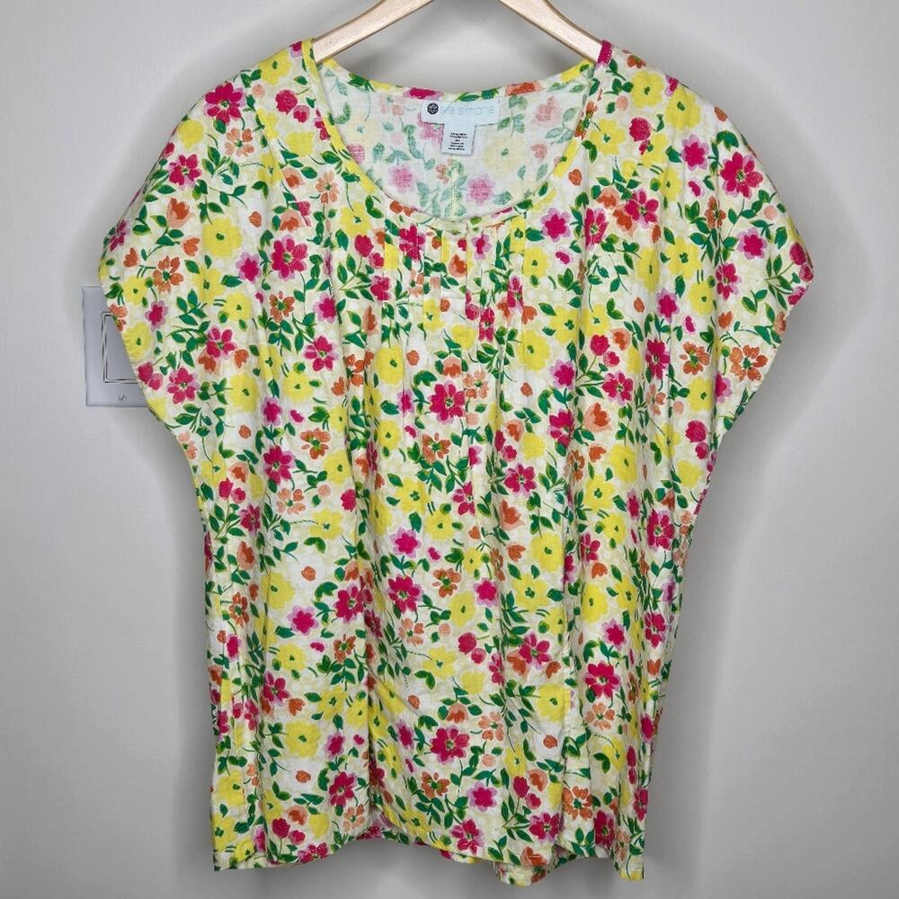 ELLA SIMONE Bright Multicolor Floral Short Sleeve Top Size XL